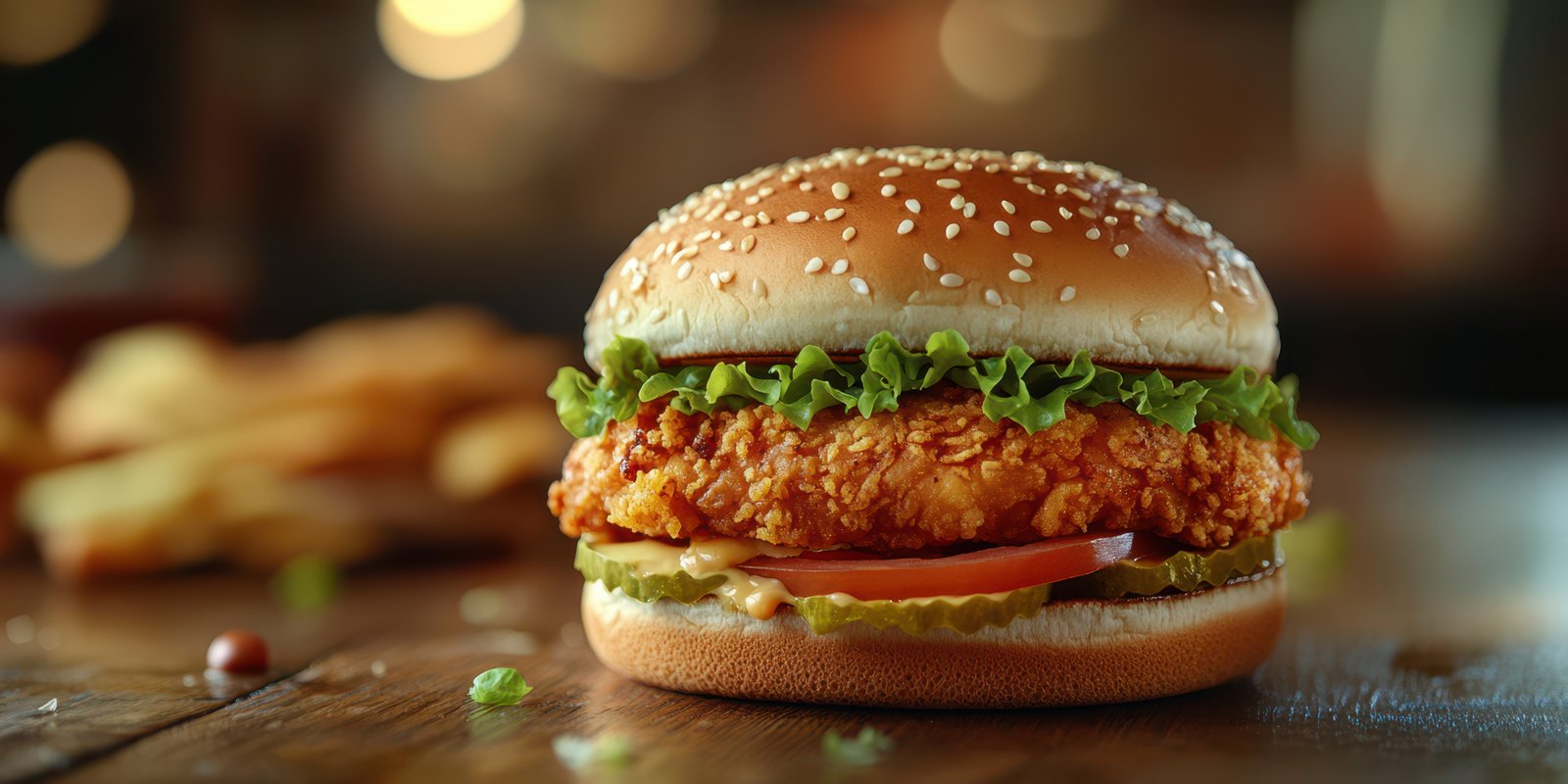 Juicy fried chicken sandwich with fresh toppings served on a sesame seed bun at a casual dining location